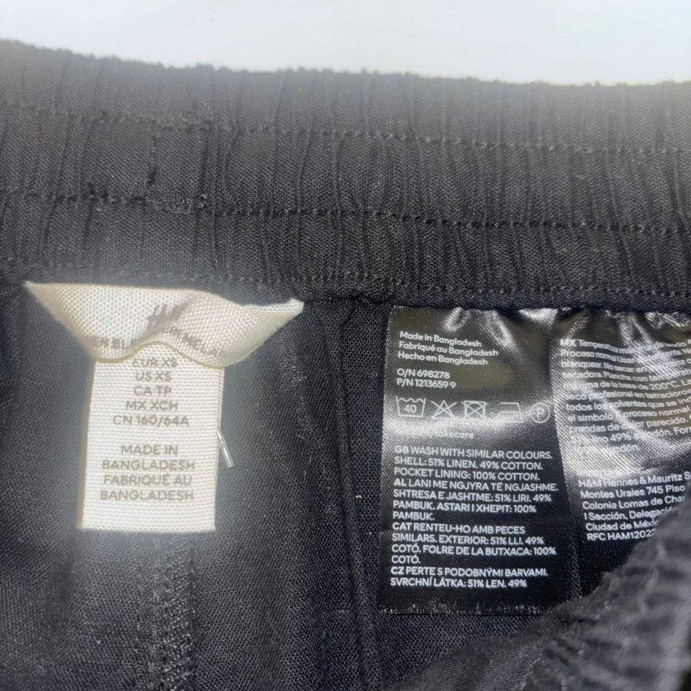 H&M Women's Sz Xs Linen Pants Black Pockets Stretchy Waist Cotton Beachy Natural